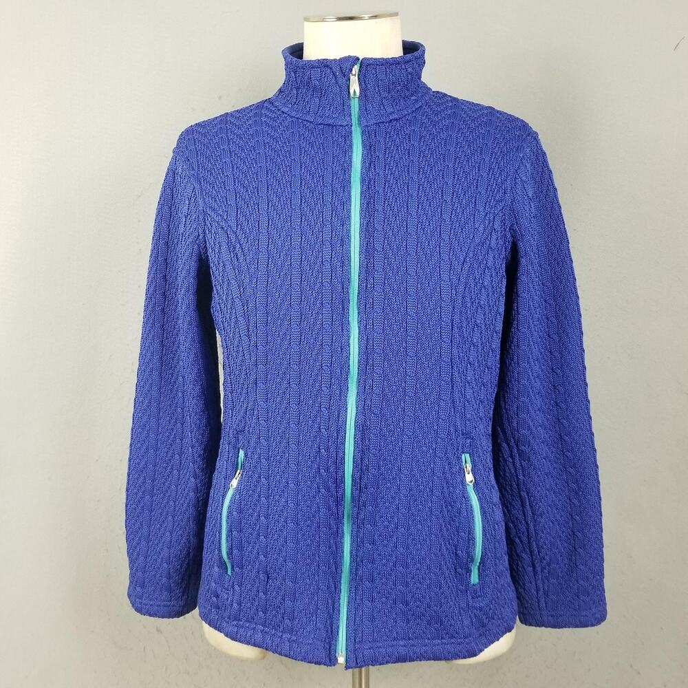 Spyder Sweater Womens XL Blue Cable Knit Full‎ Zip Ski Jacket Pockets Logo